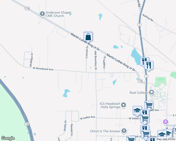 map of restaurants, bars, coffee shops, grocery stores, and more near 408 West Woodward Avenue in Holly Springs