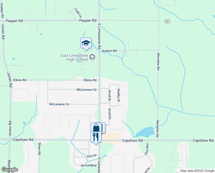 map of restaurants, bars, coffee shops, grocery stores, and more near 15452 East Limestone Road in Harvest