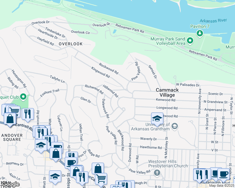 map of restaurants, bars, coffee shops, grocery stores, and more near 6920 Hillwood Road in Little Rock