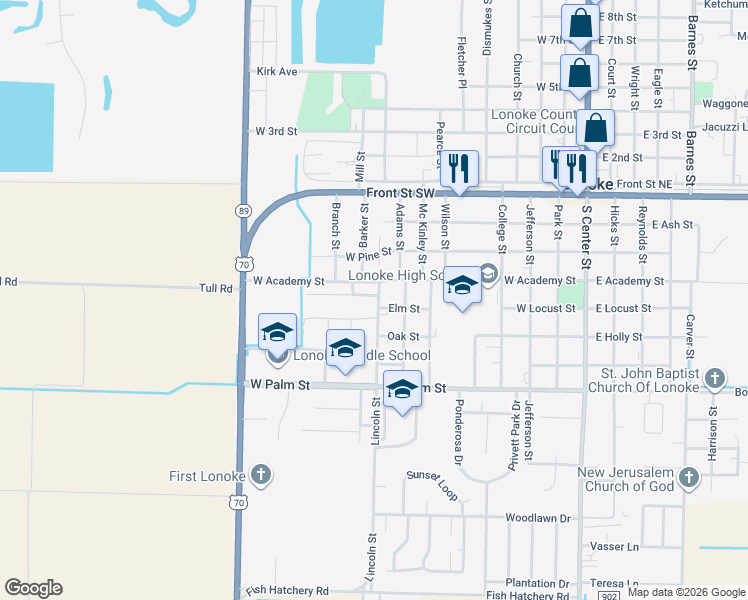 map of restaurants, bars, coffee shops, grocery stores, and more near 102 Lincoln Street in Lonoke