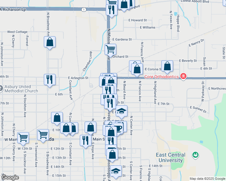 map of restaurants, bars, coffee shops, grocery stores, and more near 714 East 6th Street in Ada