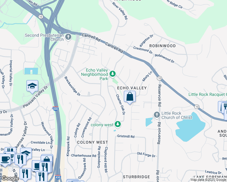 map of restaurants, bars, coffee shops, grocery stores, and more near 3010 Charter Oak Drive in Little Rock