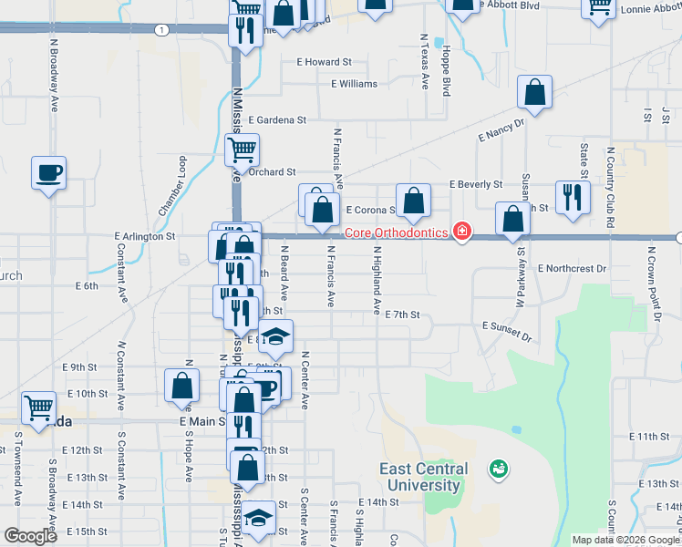 map of restaurants, bars, coffee shops, grocery stores, and more near 920 East 6th Street in Ada