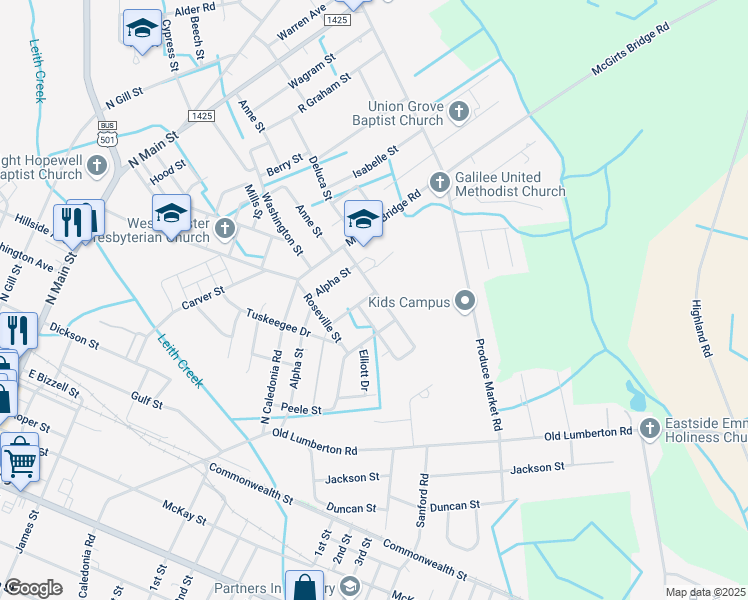map of restaurants, bars, coffee shops, grocery stores, and more near 519 Corona Avenue in Laurinburg