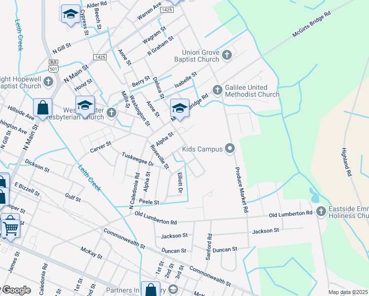 map of restaurants, bars, coffee shops, grocery stores, and more near 519 Corona Avenue in Laurinburg