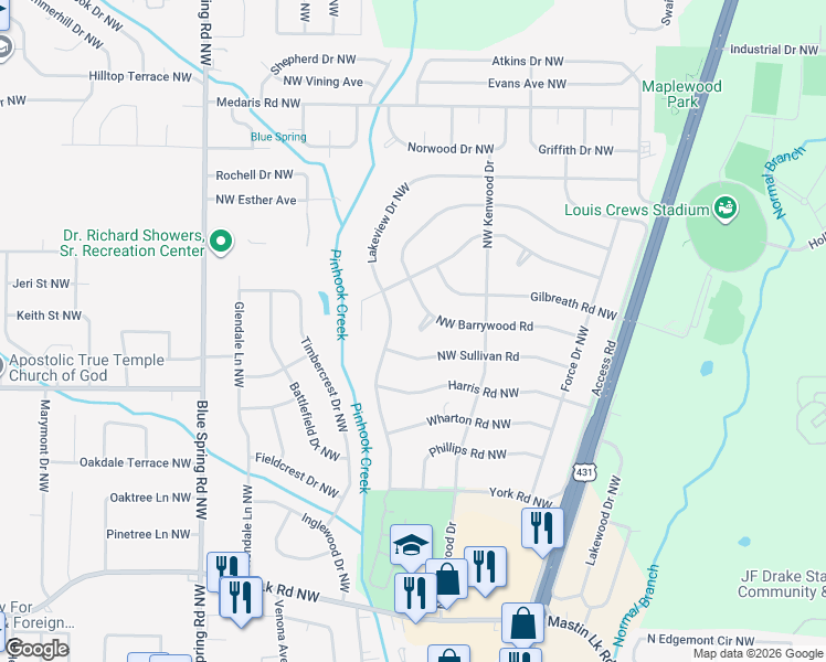 map of restaurants, bars, coffee shops, grocery stores, and more near 2217 Barrywood Circle Northwest in Huntsville