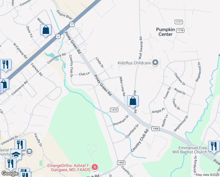 map of restaurants, bars, coffee shops, grocery stores, and more near 353 Piney Green Rd in Jacksonville