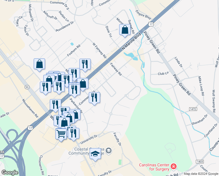 map of restaurants, bars, coffee shops, grocery stores, and more near 165 Marlene Drive in Jacksonville