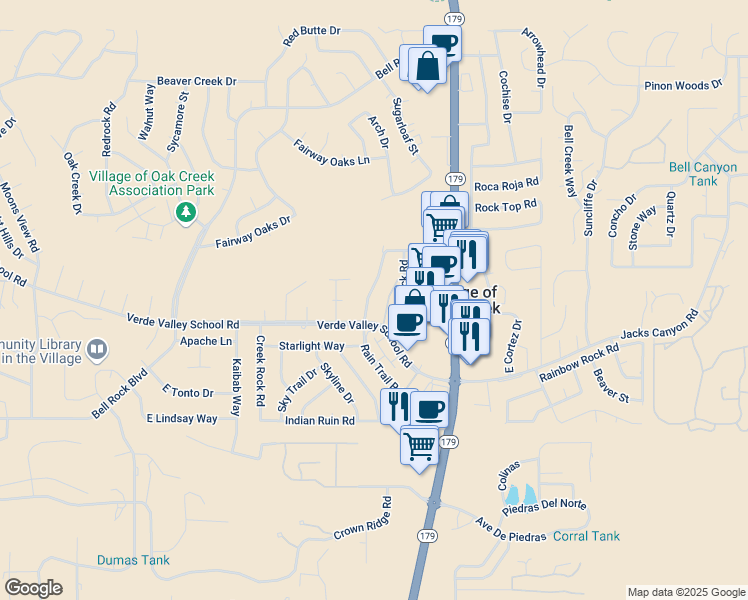 map of restaurants, bars, coffee shops, grocery stores, and more near 130 Castle Rock Road in Sedona