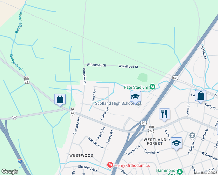 map of restaurants, bars, coffee shops, grocery stores, and more near 203 Fulton Avenue in Laurinburg