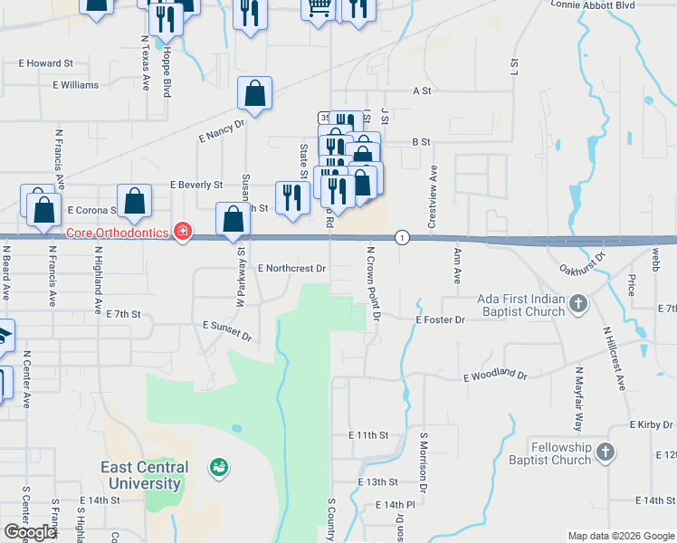 map of restaurants, bars, coffee shops, grocery stores, and more near 705 North Country Club Road in Ada