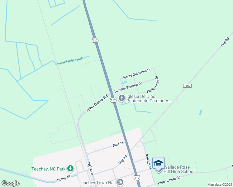 map of restaurants, bars, coffee shops, grocery stores, and more near 108 Bernice Blanton Drive in Teachey