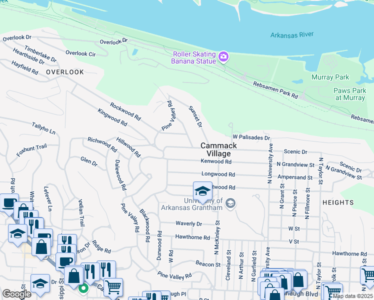map of restaurants, bars, coffee shops, grocery stores, and more near 6615 Greenwood Road in Little Rock