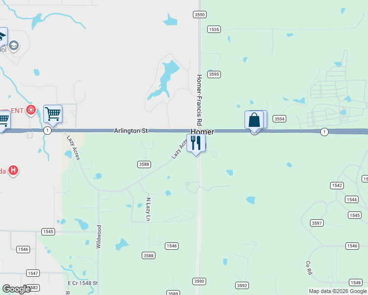 map of restaurants, bars, coffee shops, grocery stores, and more near 18915 County Road 1542 in Ada