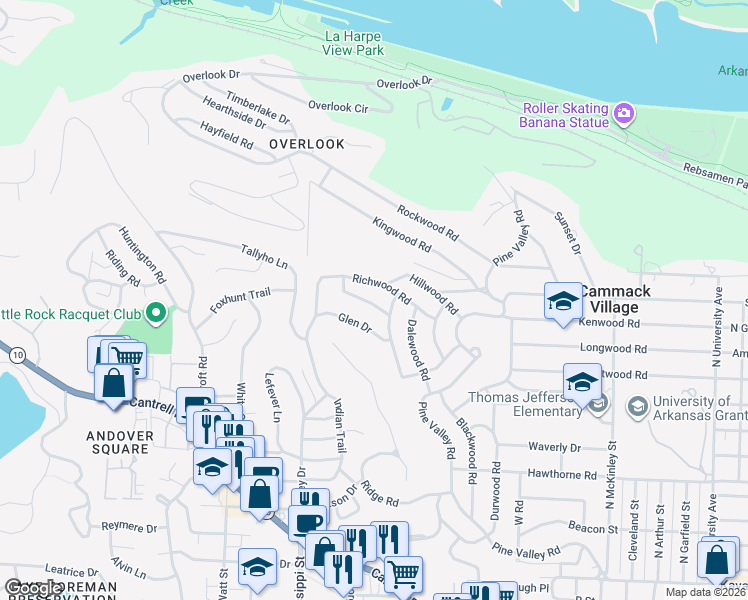 map of restaurants, bars, coffee shops, grocery stores, and more near 108 Jewell Road in Little Rock