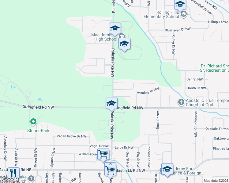 map of restaurants, bars, coffee shops, grocery stores, and more near 4020 Pulaski Pike Northwest in Huntsville