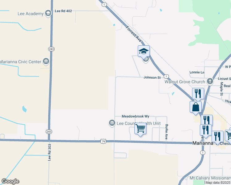 map of restaurants, bars, coffee shops, grocery stores, and more near 1-485 Hicky Road in Marianna