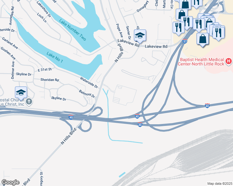 map of restaurants, bars, coffee shops, grocery stores, and more near 3000 North Hills Boulevard in North Little Rock