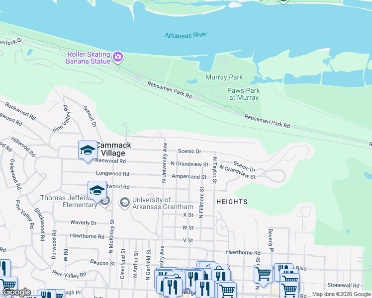 map of restaurants, bars, coffee shops, grocery stores, and more near 5808 Scenic Drive in Little Rock