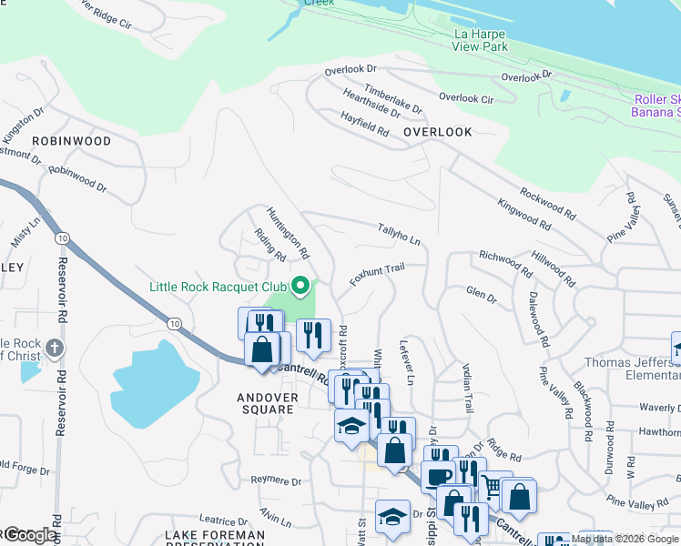 map of restaurants, bars, coffee shops, grocery stores, and more near 3107 Foxcroft Road in Little Rock