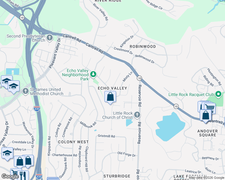 map of restaurants, bars, coffee shops, grocery stores, and more near 3023 Summit Court in Little Rock