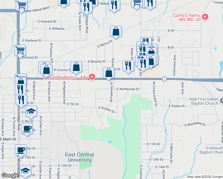 map of restaurants, bars, coffee shops, grocery stores, and more near 598 West Parkway Street in Ada