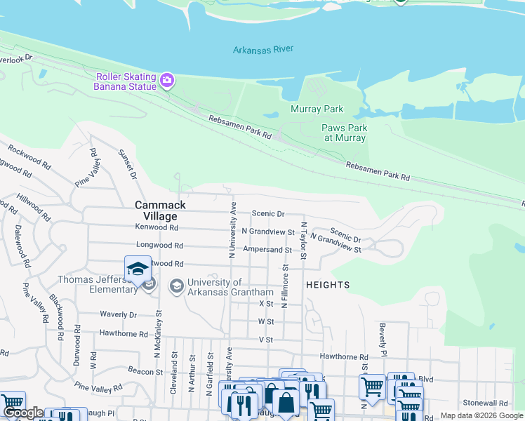 map of restaurants, bars, coffee shops, grocery stores, and more near 5808 Scenic Drive in Little Rock