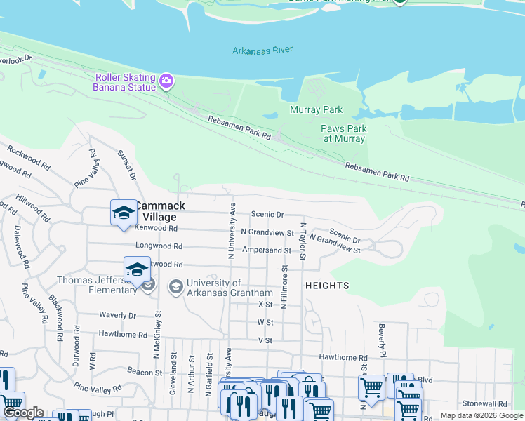 map of restaurants, bars, coffee shops, grocery stores, and more near 5808 Scenic Drive in Little Rock
