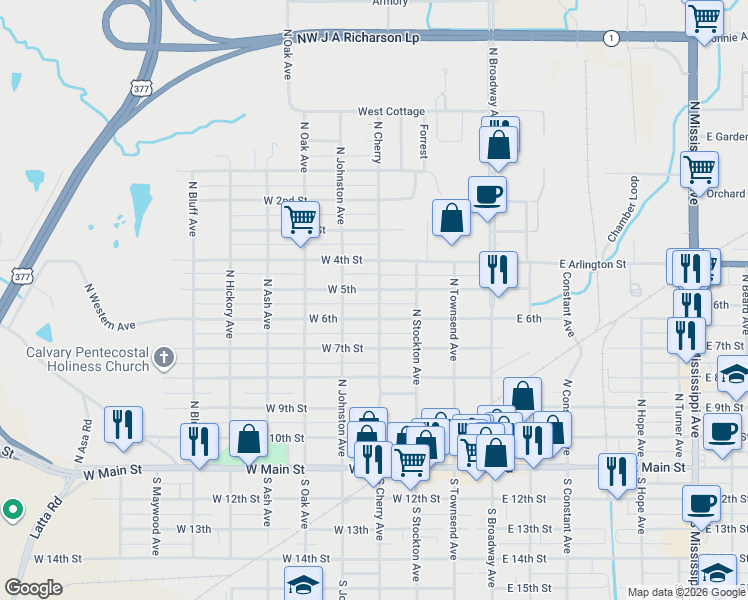 map of restaurants, bars, coffee shops, grocery stores, and more near 617 North Cherry in Ada