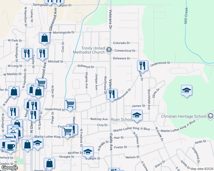 map of restaurants, bars, coffee shops, grocery stores, and more near 610 Northview Drive in Dalton