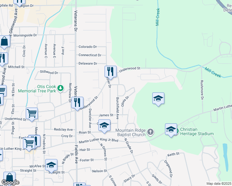 map of restaurants, bars, coffee shops, grocery stores, and more near 701 Burchfield Avenue in Dalton