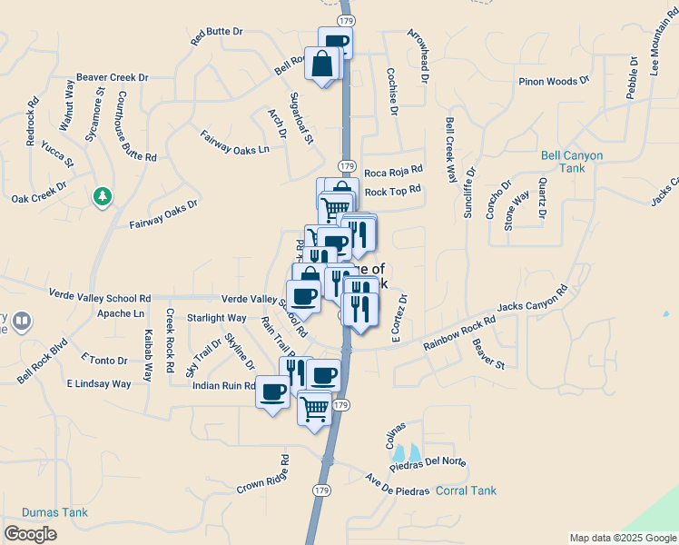 map of restaurants, bars, coffee shops, grocery stores, and more near 6512 Arizona 179 in Sedona