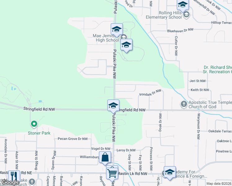 map of restaurants, bars, coffee shops, grocery stores, and more near 4020 Pulaski Pike Northwest in Huntsville
