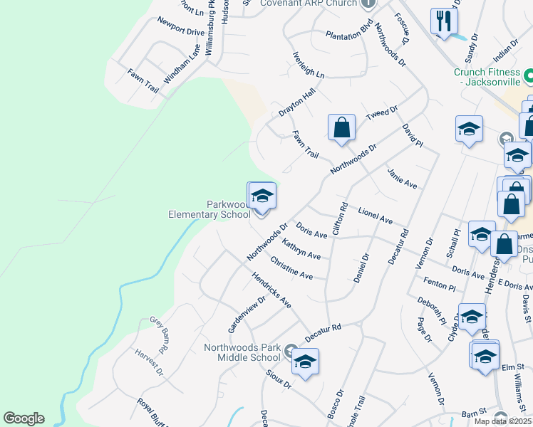 map of restaurants, bars, coffee shops, grocery stores, and more near 2900 Northwoods Drive in Jacksonville