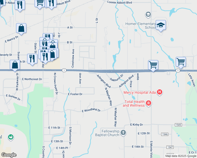 map of restaurants, bars, coffee shops, grocery stores, and more near 2401 Arlington Boulevard in Ada