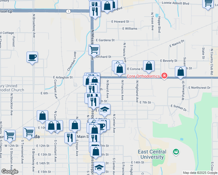 map of restaurants, bars, coffee shops, grocery stores, and more near 800 East 6th in Ada