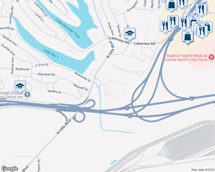 map of restaurants, bars, coffee shops, grocery stores, and more near 3000 North Hills Boulevard in North Little Rock