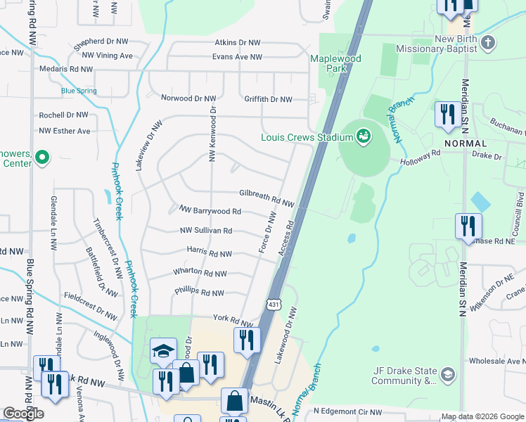 map of restaurants, bars, coffee shops, grocery stores, and more near 2102 Northwest Barrywood Road in Huntsville