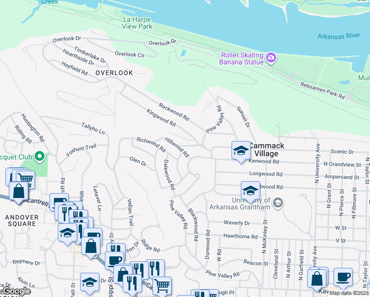 map of restaurants, bars, coffee shops, grocery stores, and more near 6925 Skywood Road in Little Rock