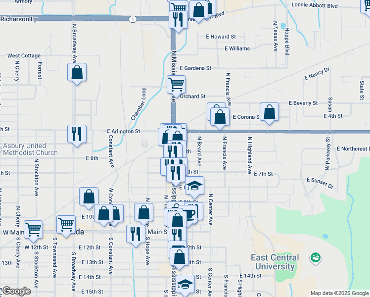 map of restaurants, bars, coffee shops, grocery stores, and more near 714 East 6th in Ada