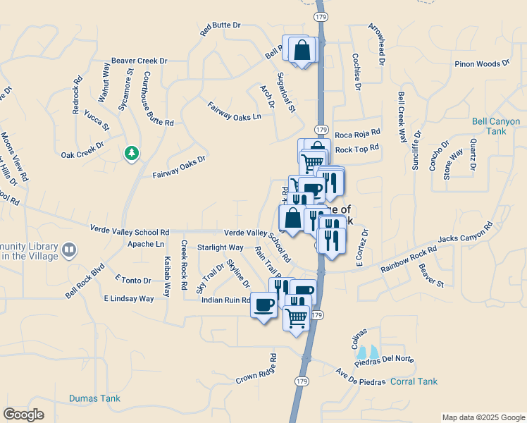 map of restaurants, bars, coffee shops, grocery stores, and more near 115 Castle Rock Road in Sedona