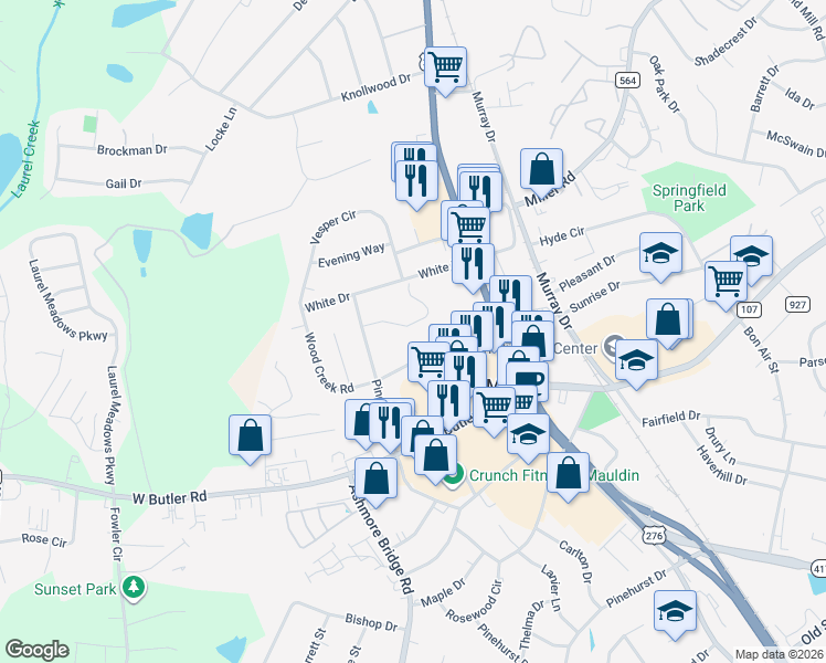 map of restaurants, bars, coffee shops, grocery stores, and more near 112 Sunset Drive in Mauldin