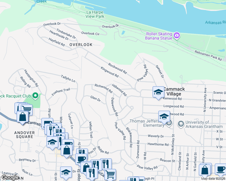 map of restaurants, bars, coffee shops, grocery stores, and more near 7016 Richwood Road in Little Rock