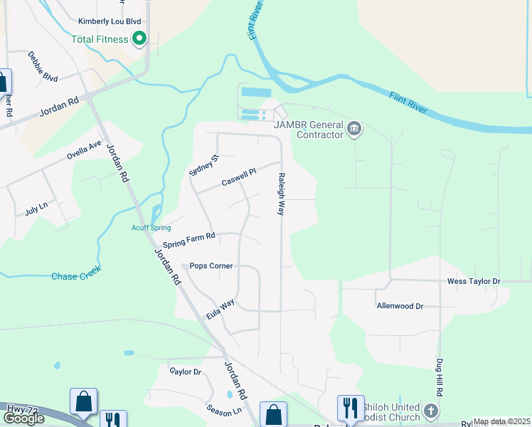 map of restaurants, bars, coffee shops, grocery stores, and more near 154 Raleigh Way in Huntsville