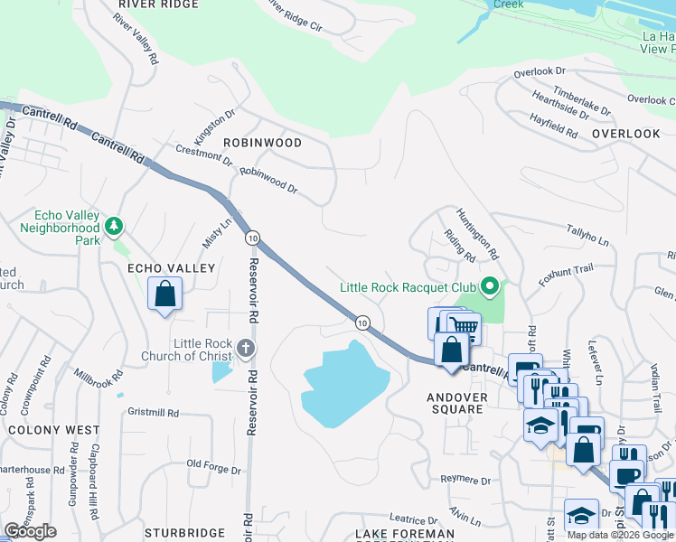 map of restaurants, bars, coffee shops, grocery stores, and more near 23 Ridgeview Drive in Little Rock