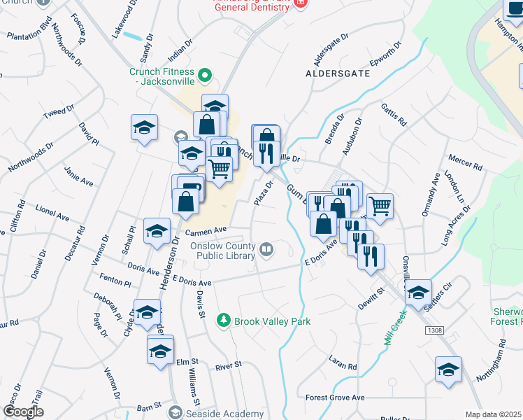 map of restaurants, bars, coffee shops, grocery stores, and more near 104 Creekview Drive in Jacksonville
