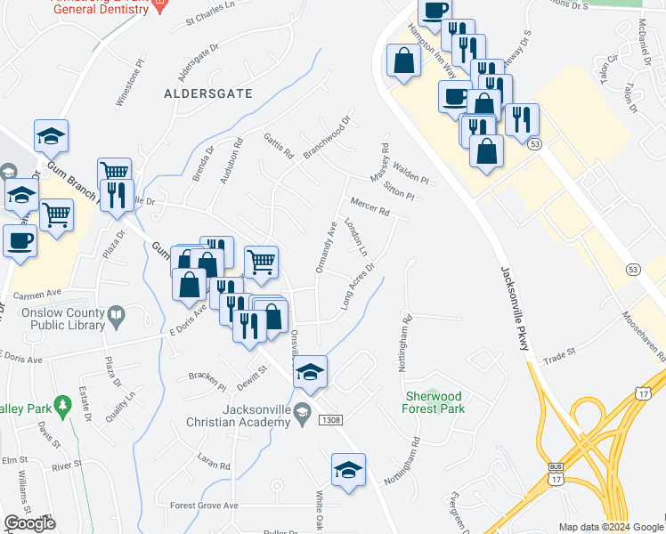 map of restaurants, bars, coffee shops, grocery stores, and more near 103 Lanza Place in Jacksonville