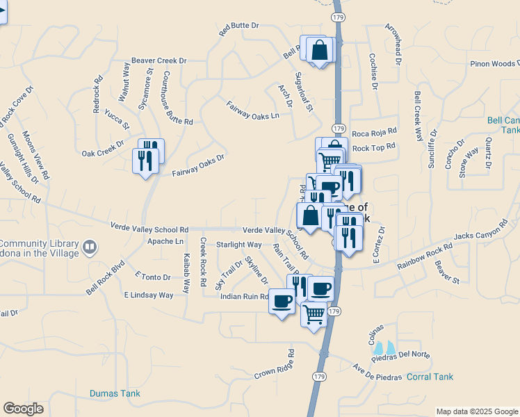 map of restaurants, bars, coffee shops, grocery stores, and more near 60 Vultee Road in Sedona
