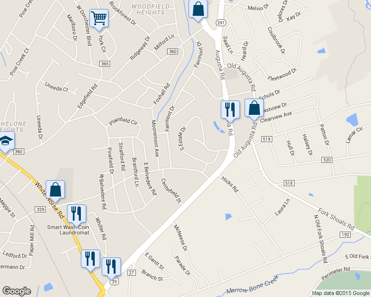 map of restaurants, bars, coffee shops, grocery stores, and more near 111 South Estate Drive in Greenville