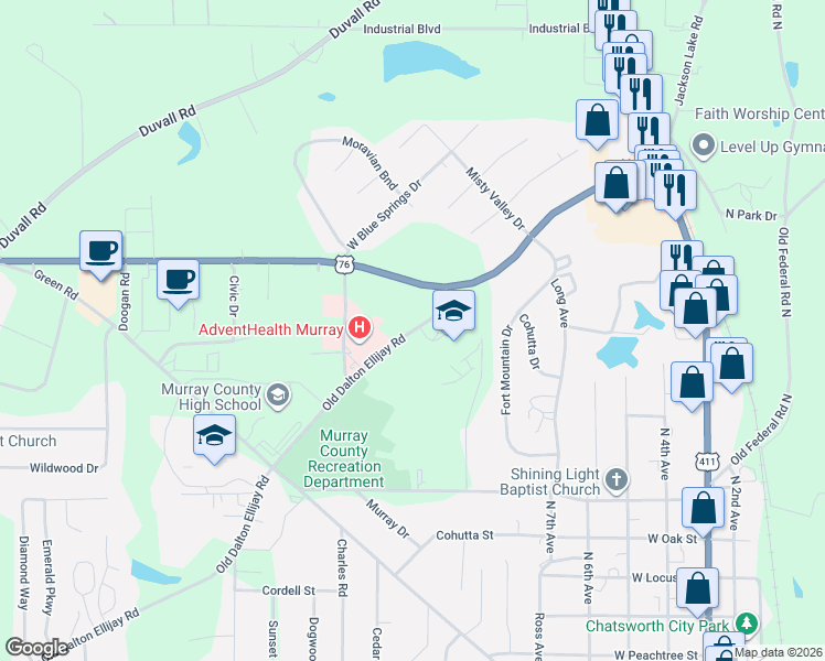 map of restaurants, bars, coffee shops, grocery stores, and more near 198 Old Dalton Ellijay Road in Chatsworth